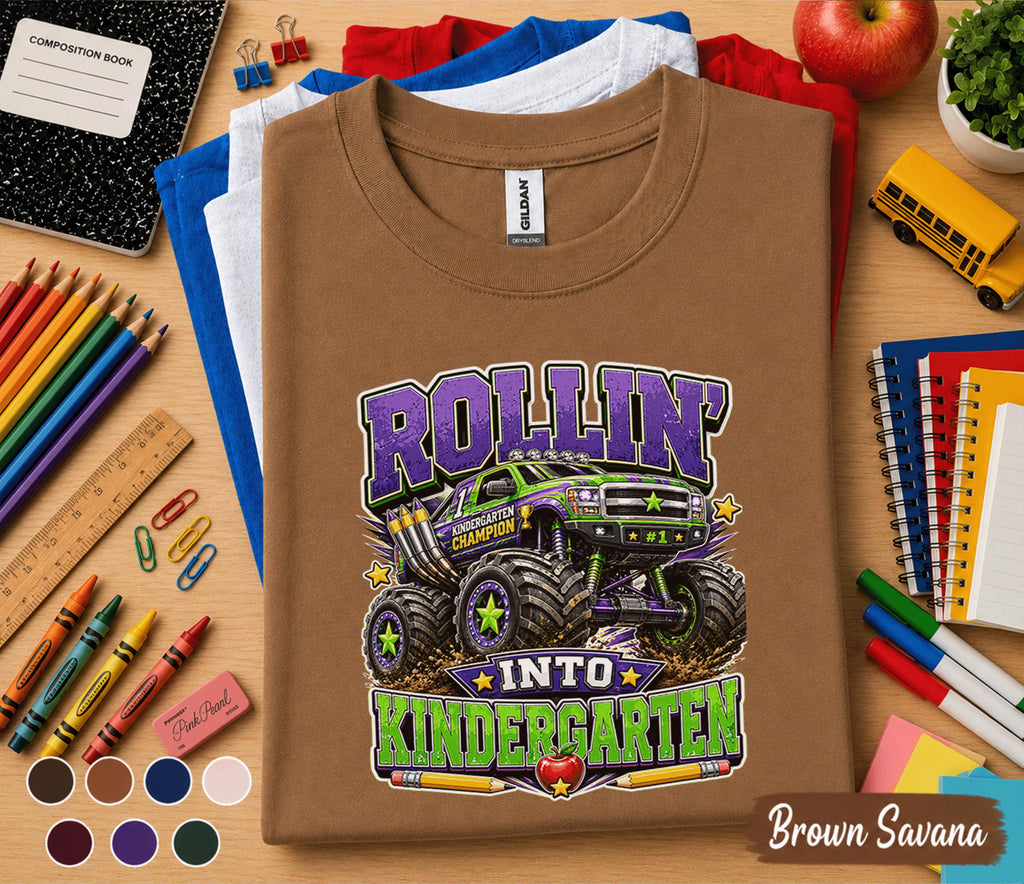 Rollin Into Kindergarten Shirt Monster Truck Back to School Tee First Day of Kindergarten Shirt Truck Lover Kids School Outfit Boy Gift