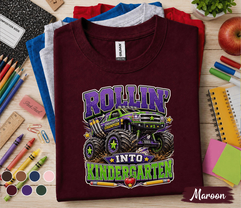 Rollin Into Kindergarten Shirt Monster Truck Back to School Tee First Day of Kindergarten Shirt Truck Lover Kids School Outfit Boy Gift