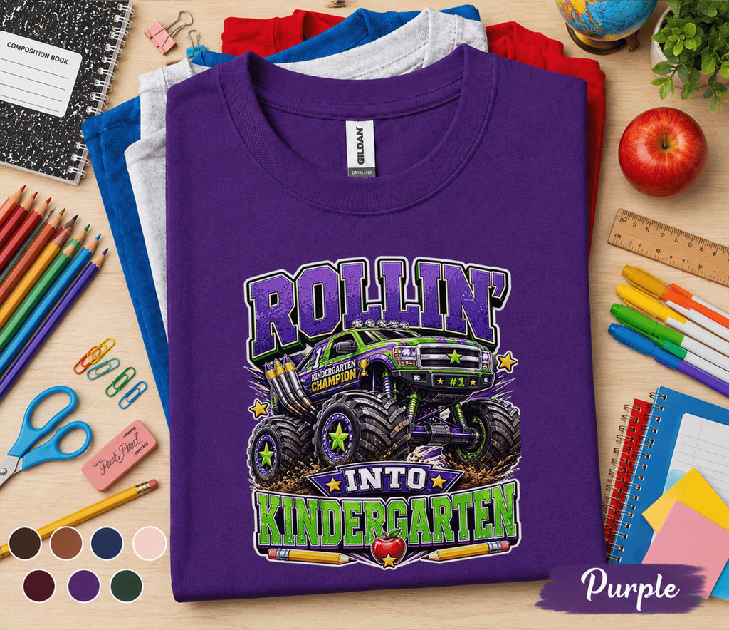 Rollin Into Kindergarten Shirt Monster Truck Back to School Tee First Day of Kindergarten Shirt Truck Lover Kids School Outfit Boy Gift