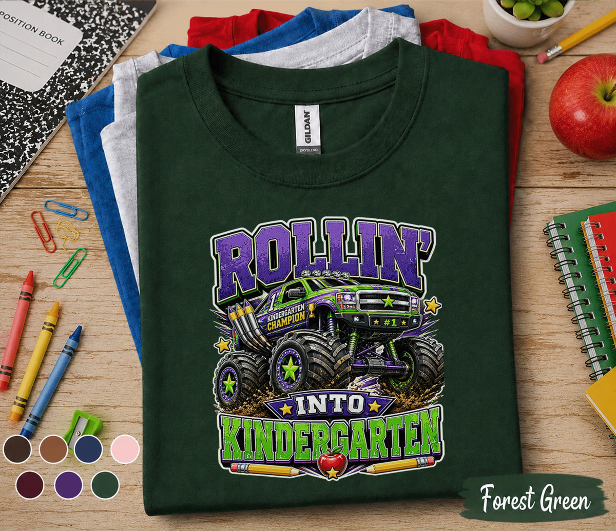 Rollin Into Kindergarten Shirt Monster Truck Back to School Tee First Day of Kindergarten Shirt Truck Lover Kids School Outfit Boy Gift