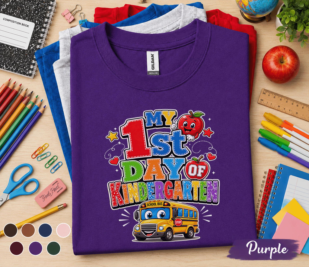 My 1st Day of Kindergarten Shirt First Day of School Tee Cute School Bus Apple Back to School Kids Student Outfit Kindergarten Gift