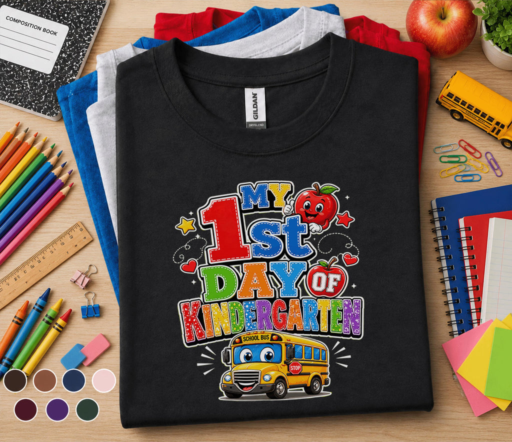 My 1st Day of Kindergarten Shirt First Day of School Tee Cute School Bus Apple Back to School Kids Student Outfit Kin...