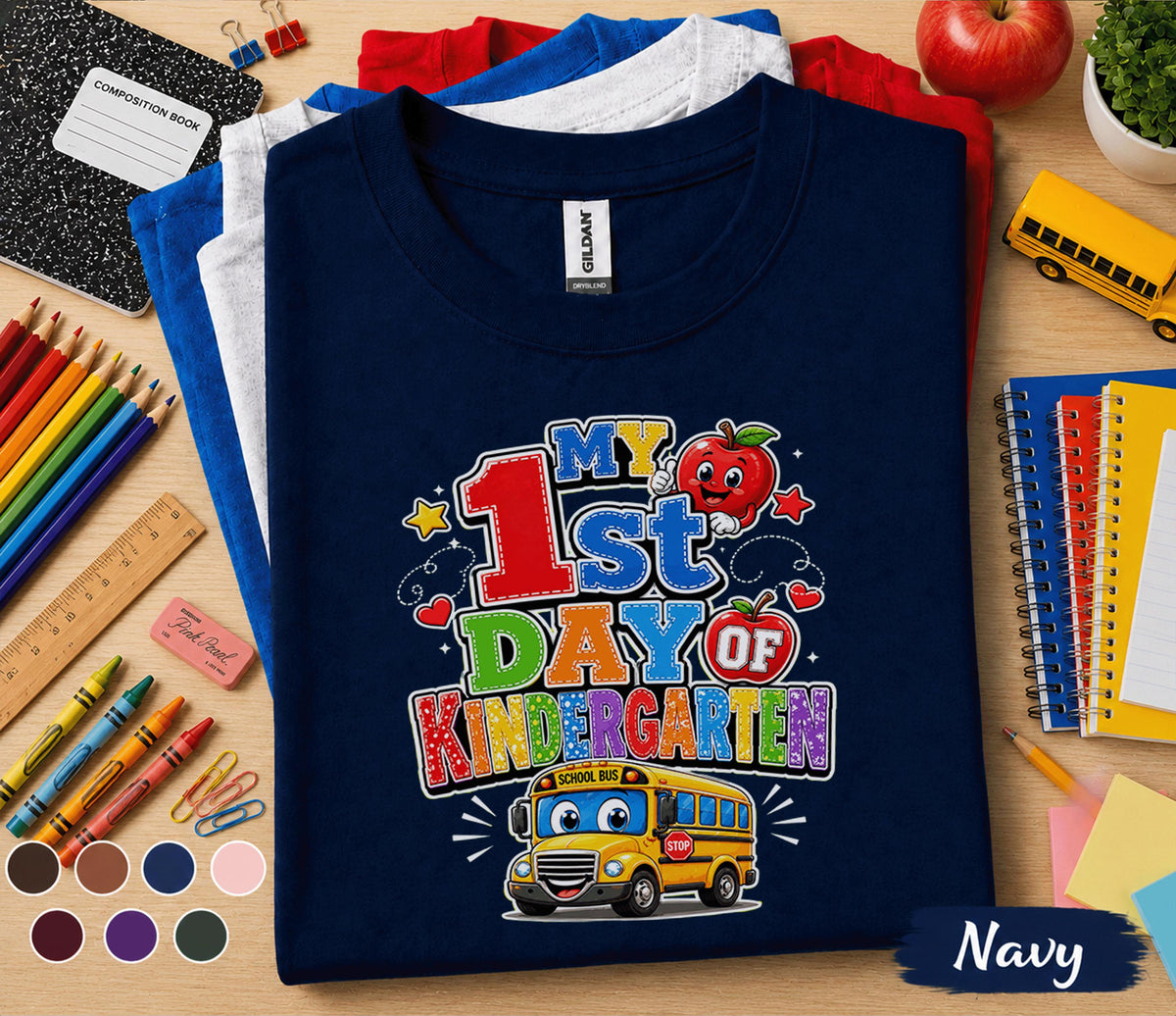 My 1st Day of Kindergarten Shirt First Day of School Tee Cute School Bus Apple Back to School Kids Student Outfit Kindergarten Gift