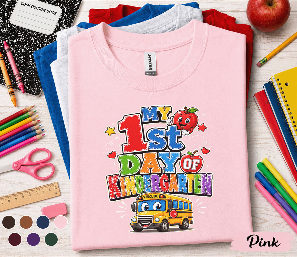 My 1st Day of Kindergarten Shirt First Day of School Tee Cute School Bus Apple Back to School Kids Student Outfit Kindergarten Gift