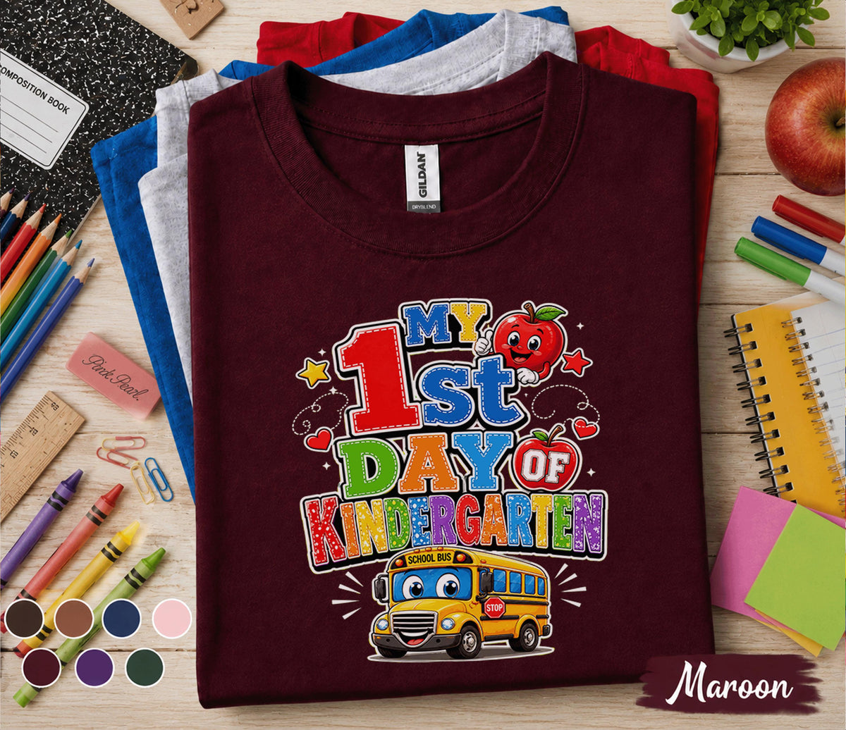 My 1st Day of Kindergarten Shirt First Day of School Tee Cute School Bus Apple Back to School Kids Student Outfit Kindergarten Gift