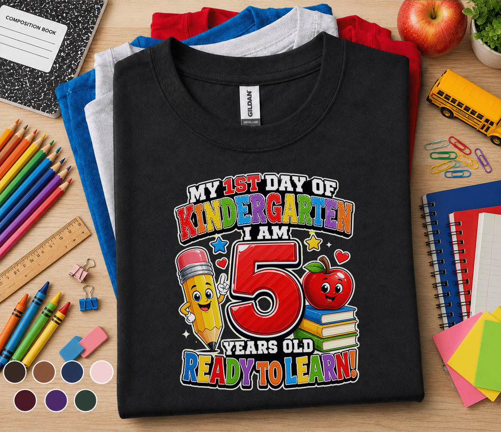 My 1st Day of Kindergarten I Am 5 Years Old Ready to Learn Shirt First Day of School Tee Cute Kids Back to School Gif...