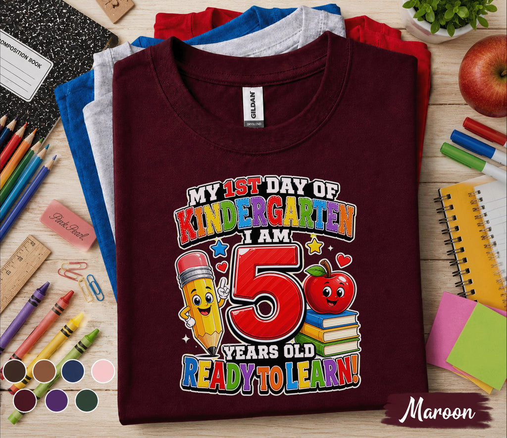 My 1st Day of Kindergarten I Am 5 Years Old Ready to Learn Shirt First Day of School Tee Cute Kids Back to School Gift for Boys Girls