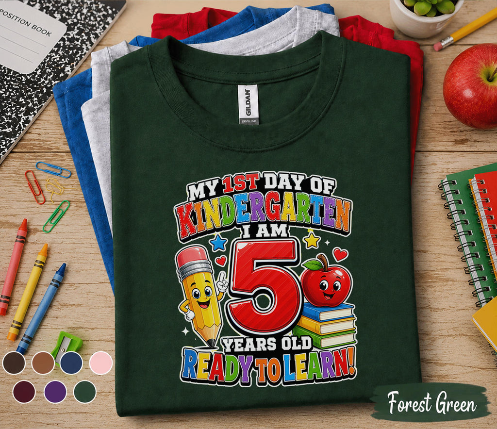 My 1st Day of Kindergarten I Am 5 Years Old Ready to Learn Shirt First Day of School Tee Cute Kids Back to School Gift for Boys Girls