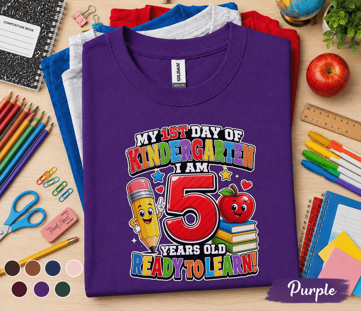 My 1st Day of Kindergarten I Am 5 Years Old Ready to Learn Shirt First Day of School Tee Cute Kids Back to School Gift for Boys Girls