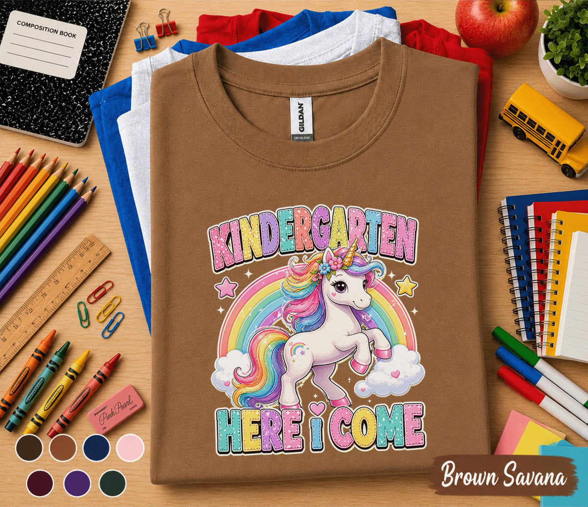 Kindergarten Here I Come Unicorn Shirt First Day of School Tee Cute Rainbow Unicorn Back to School Shirt for Girls Kids Kindergarten Gift
