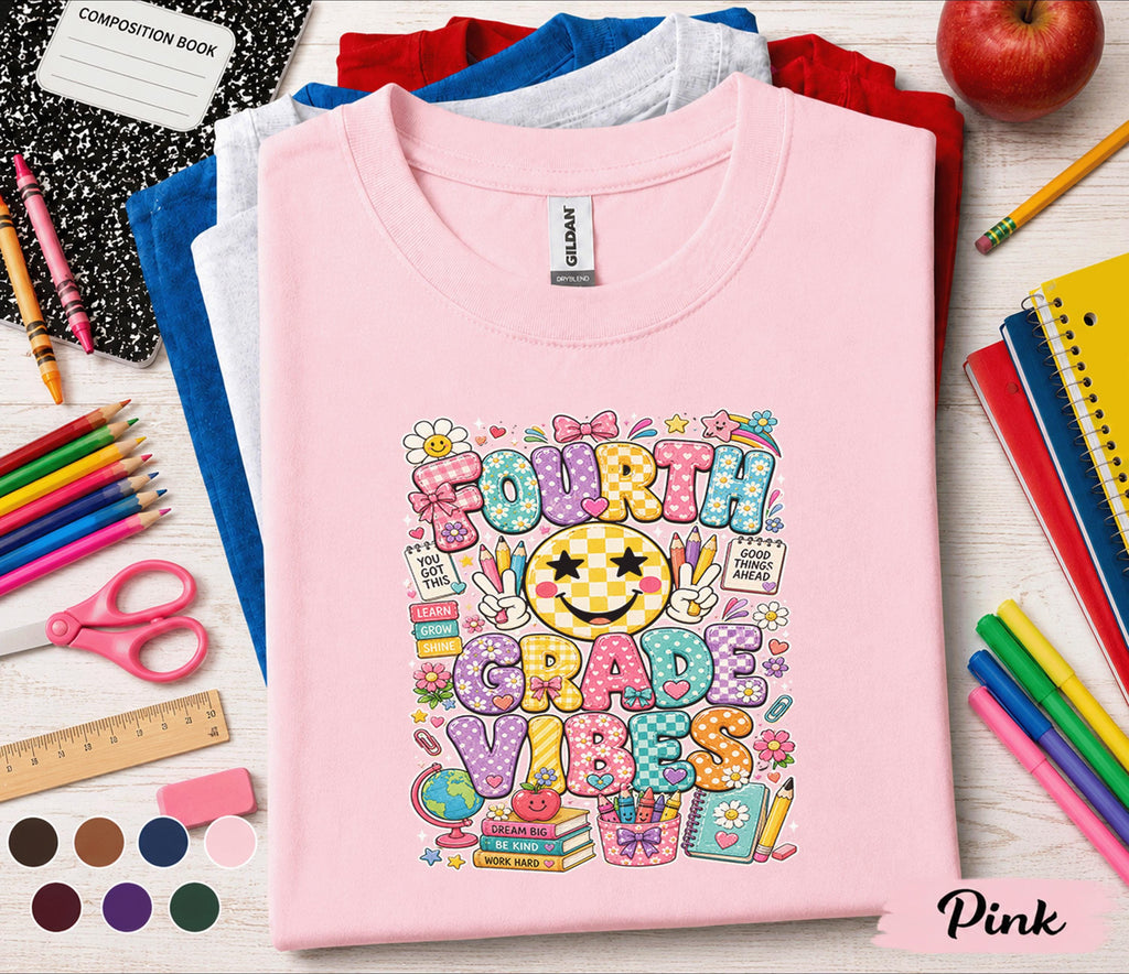 Fourth Grade Vibes Shirt, 4th Grade Teacher Shirt, Back to School Teacher Tee, Cute Smiley Classroom Shirt, Elementary School Teacher Gift