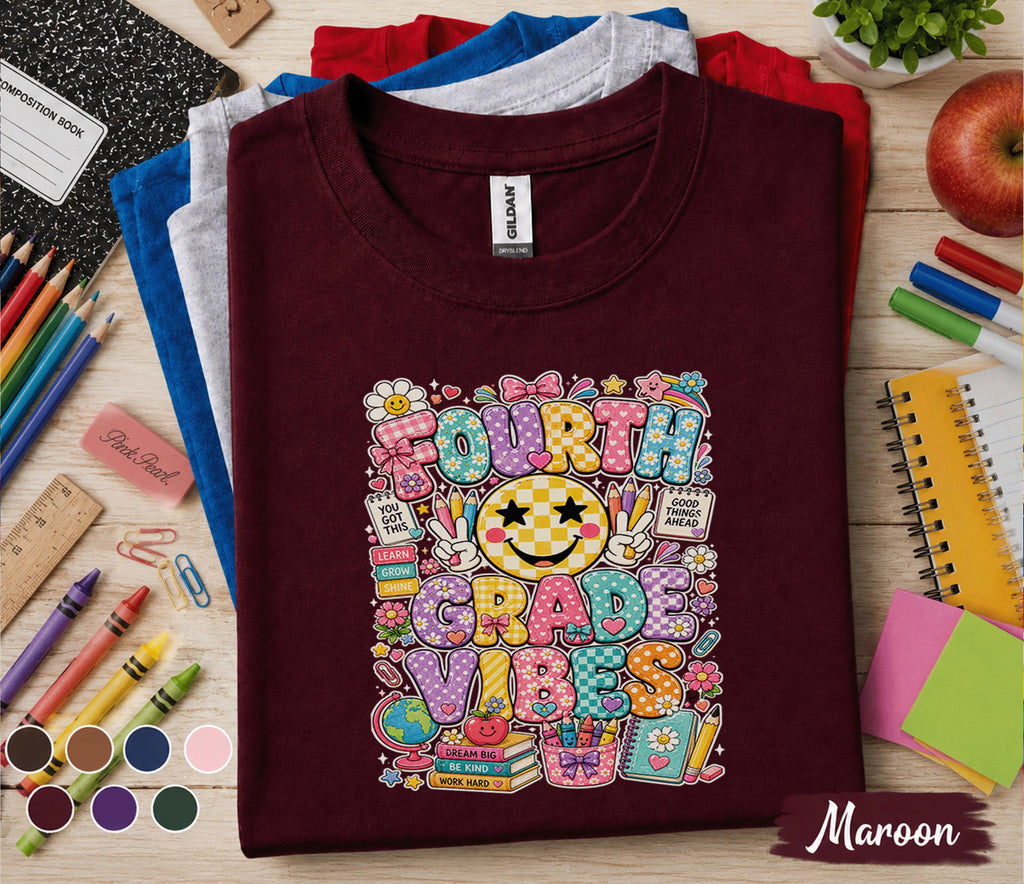 Fourth Grade Vibes Shirt, 4th Grade Teacher Shirt, Back to School Teacher Tee, Cute Smiley Classroom Shirt, Elementary School Teacher Gift