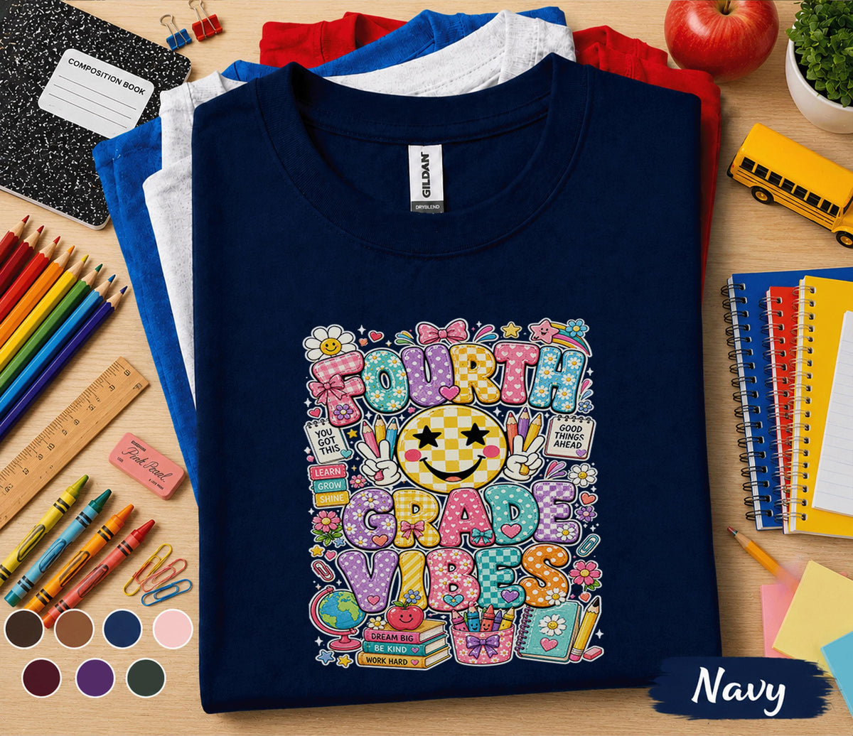 Fourth Grade Vibes Shirt, 4th Grade Teacher Shirt, Back to School Teacher Tee, Cute Smiley Classroom Shirt, Elementary School Teacher Gift