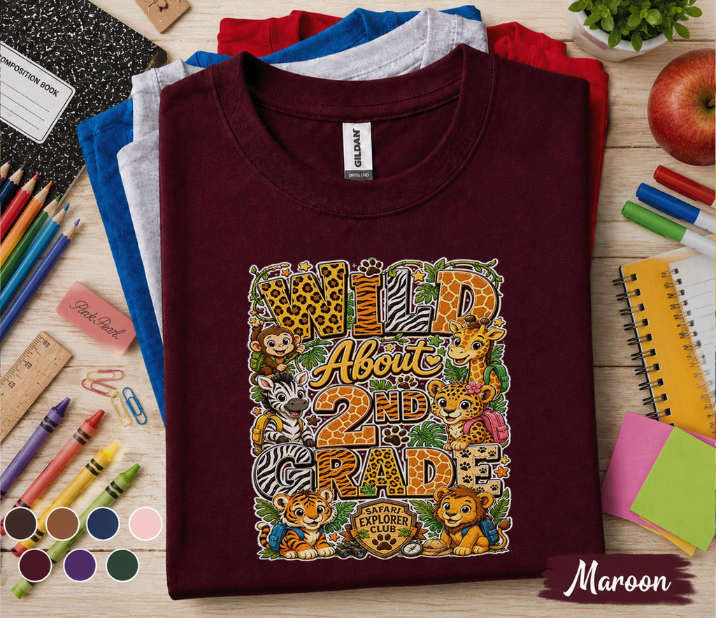 Wild About 2nd Grade Shirt, Safari Second Grade Back to School Shirt, Jungle Animals First Day of School Tee, 2nd Grade Student Gift Kids