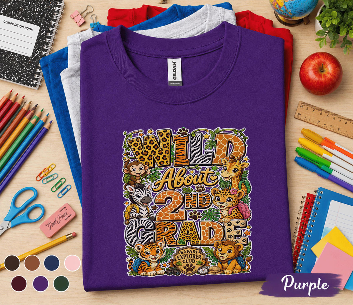 Wild About 2nd Grade Shirt, Safari Second Grade Back to School Shirt, Jungle Animals First Day of School Tee, 2nd Grade Student Gift Kids