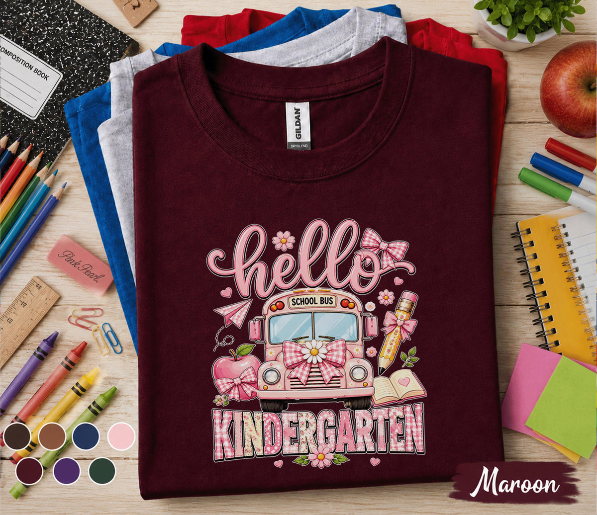 Hello Kindergarten Shirt, First Day of Kindergarten Tee, Cute Pink School Bus Back to School Shirt, Kindergarten Girl Outfit, School Gift