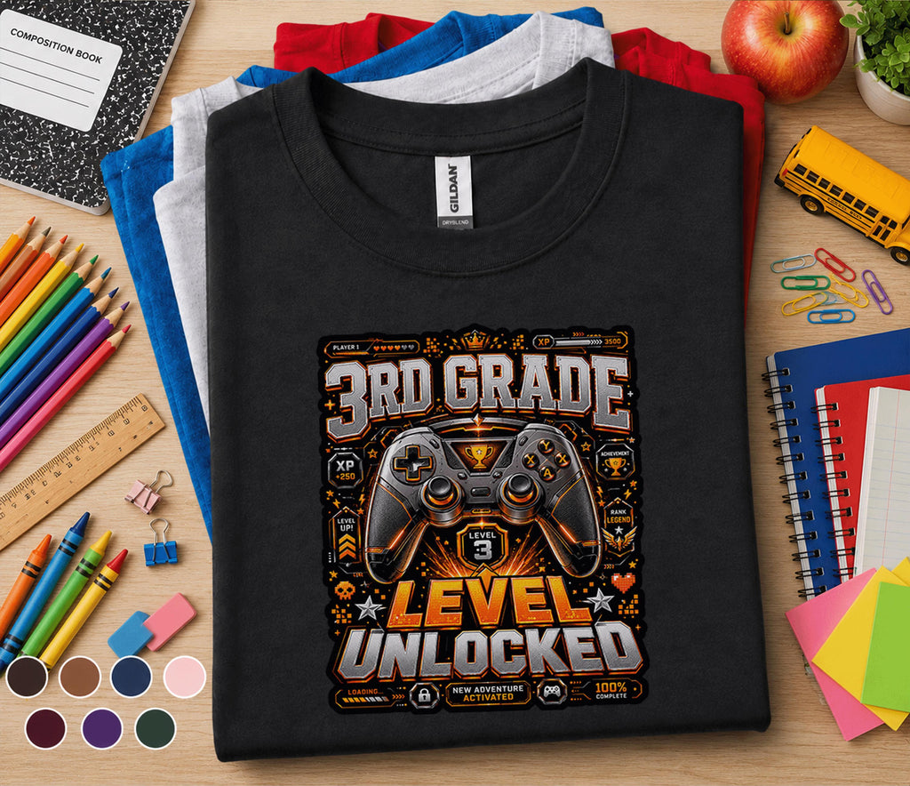 3rd Grade Level Unlocked Gamer Shirt, Back to School Gaming Tee for Kids