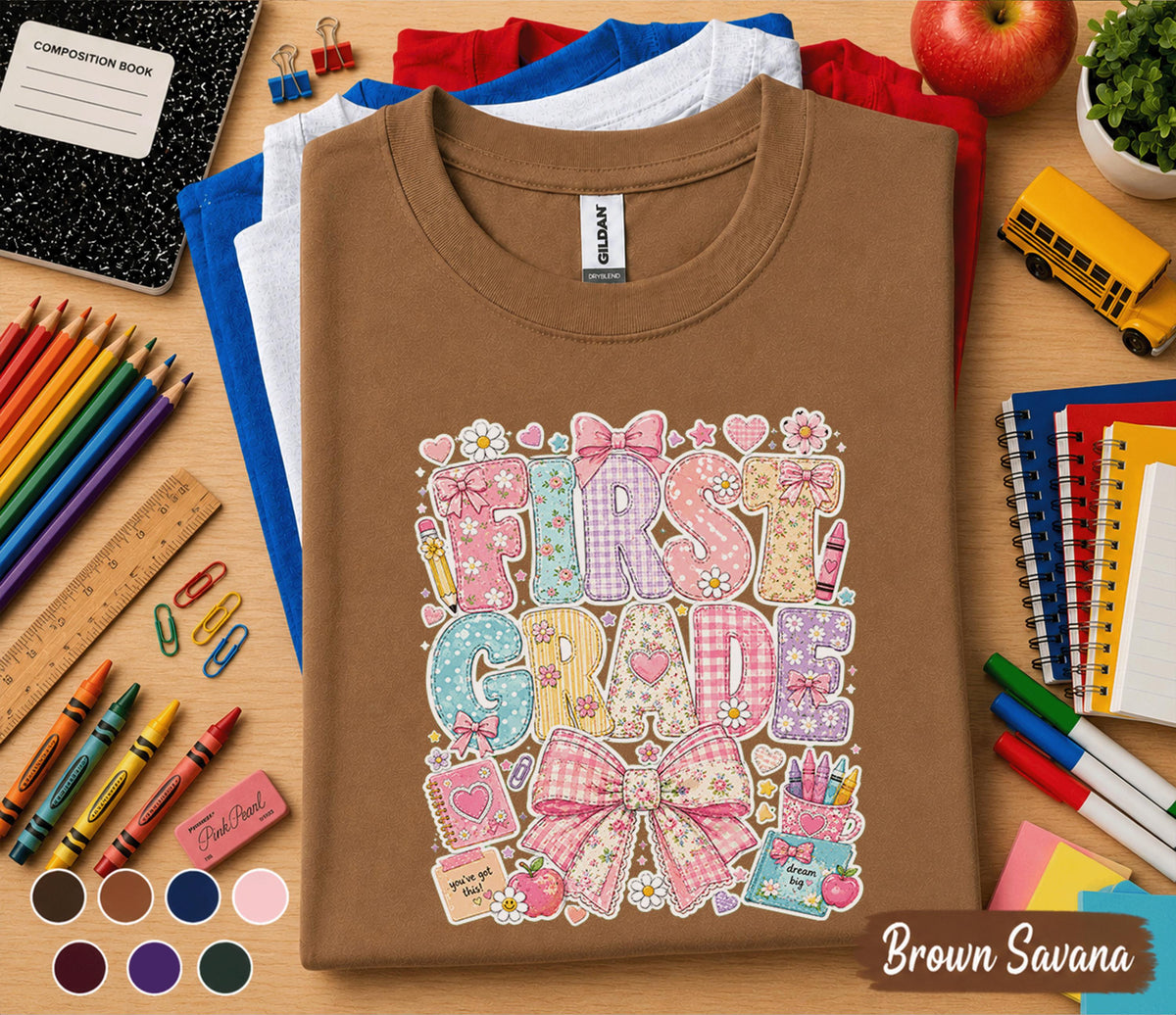 1st Grade Shirt, Cute First Grade Bow Shirt, First Day of School Tee for Girls, Back to School Shirt, Floral First Grade Outfit Gift Teacher