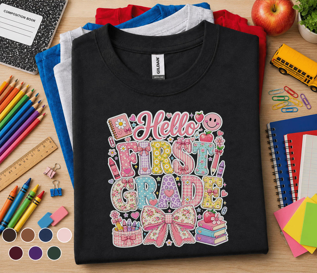 Hello First Grade Shirt, First Day of School Coquette Bow Tee