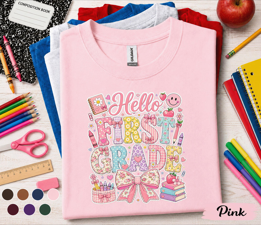 Hello First Grade Shirt, First Day of School Coquette Bow Tee, Cute First Grade Student Shirt, Back to School Floral Girl Outfit