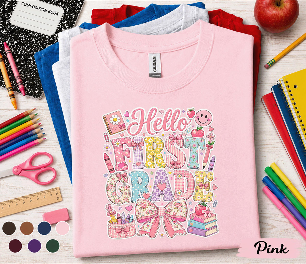 Hello First Grade Shirt, First Day of School Coquette Bow Tee, Cute First Grade Student Shirt, Back to School Floral Girl Outfit