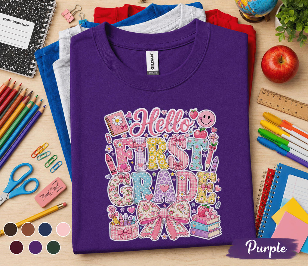 Hello First Grade Shirt, First Day of School Coquette Bow Tee, Cute First Grade Student Shirt, Back to School Floral Girl Outfit