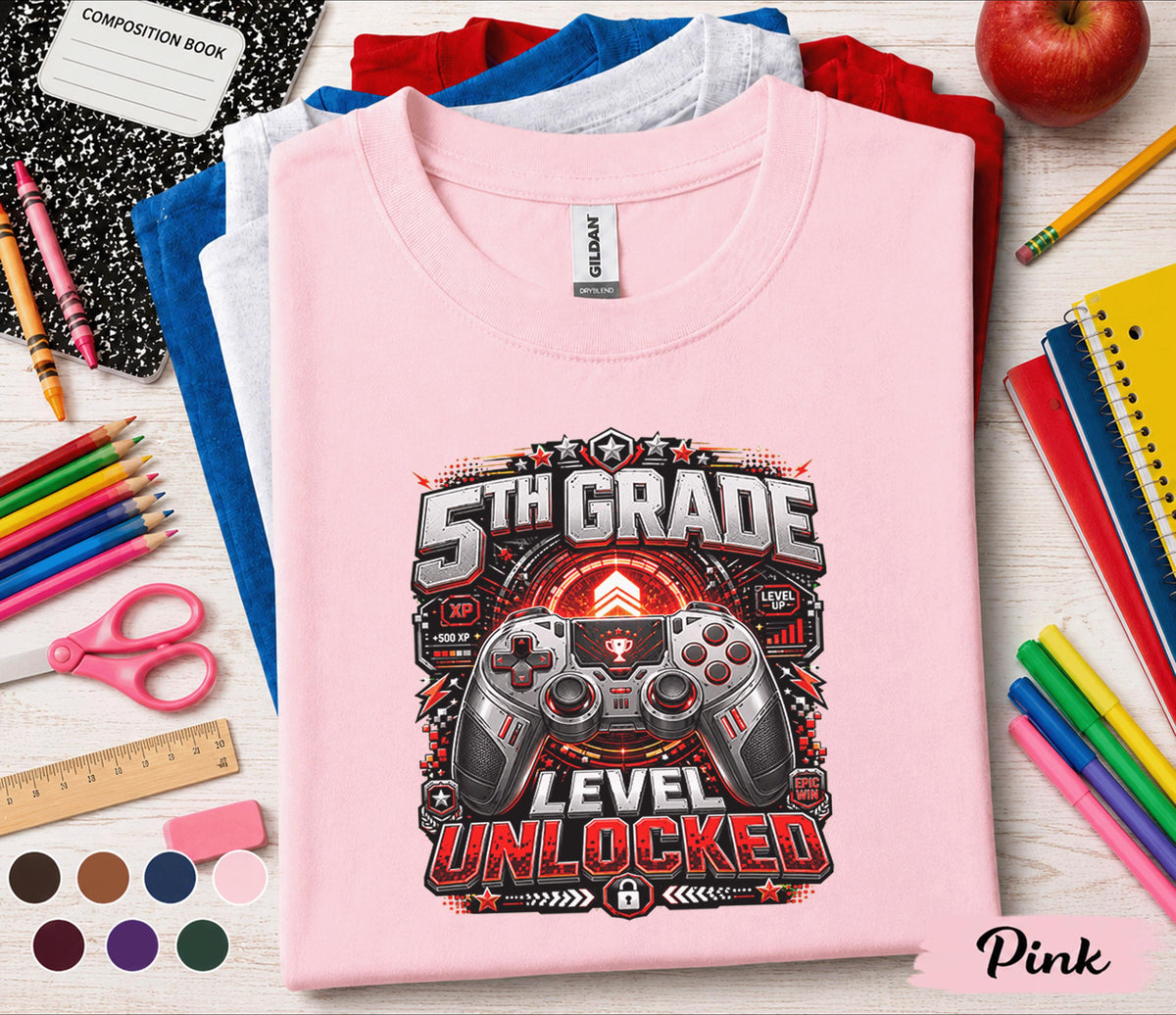 5th Grade Level Unlocked Gamer Shirt, First Day of School Gaming Tee, Fifth Grade Back to School Shirt, Video Game Student Gift Boys Girls