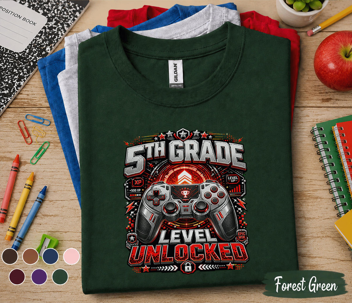 5th Grade Level Unlocked Gamer Shirt, First Day of School Gaming Tee, Fifth Grade Back to School Shirt, Video Game Student Gift Boys Girls