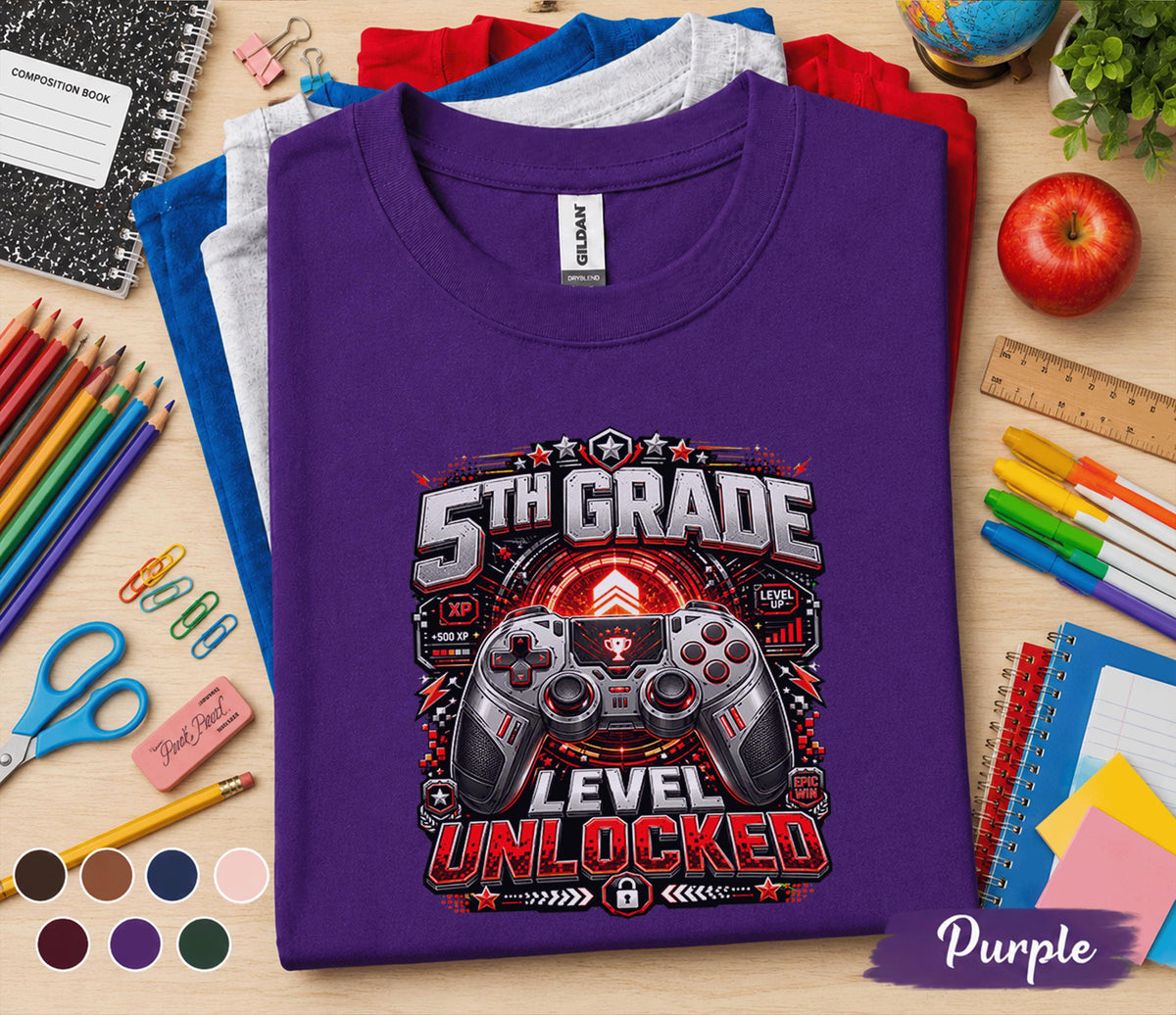 5th Grade Level Unlocked Gamer Shirt, First Day of School Gaming Tee, Fifth Grade Back to School Shirt, Video Game Student Gift Boys Girls