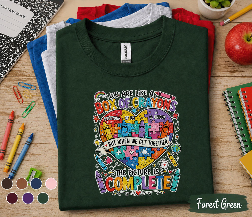 We Are Like a Box of Crayons Shirt, Teacher Classroom Unity Tee, Inclusive School Shirt, Back to School Teacher Gift