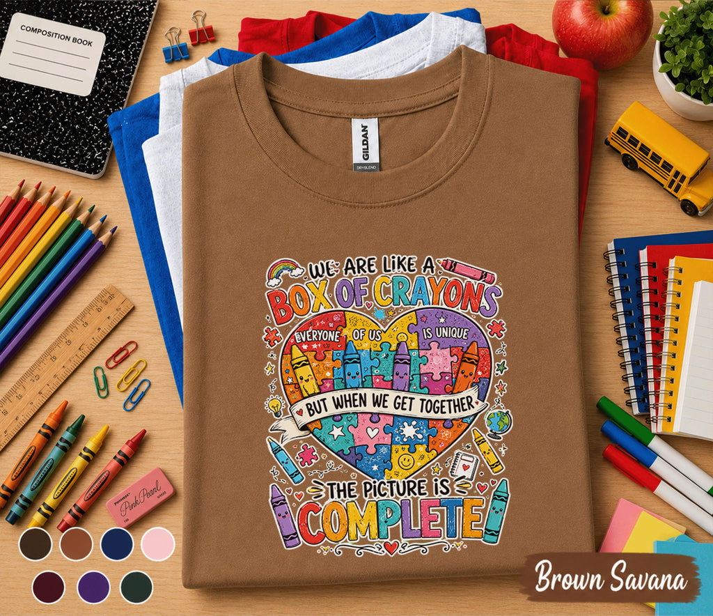 We Are Like a Box of Crayons Shirt, Teacher Classroom Unity Tee, Inclusive School Shirt, Back to School Teacher Gift
