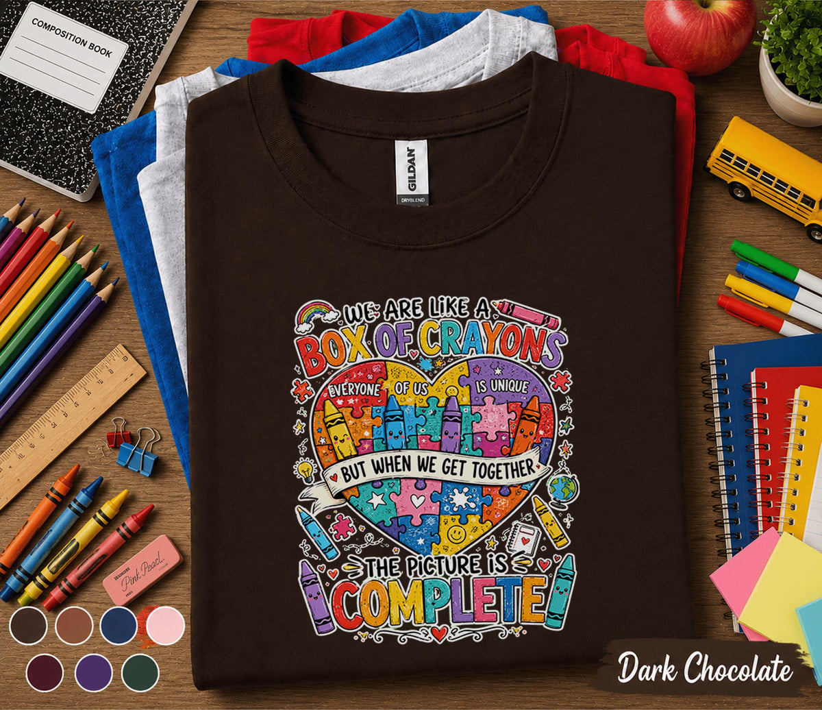 We Are Like a Box of Crayons Shirt, Teacher Classroom Unity Tee, Inclusive School Shirt, Back to School Teacher Gift