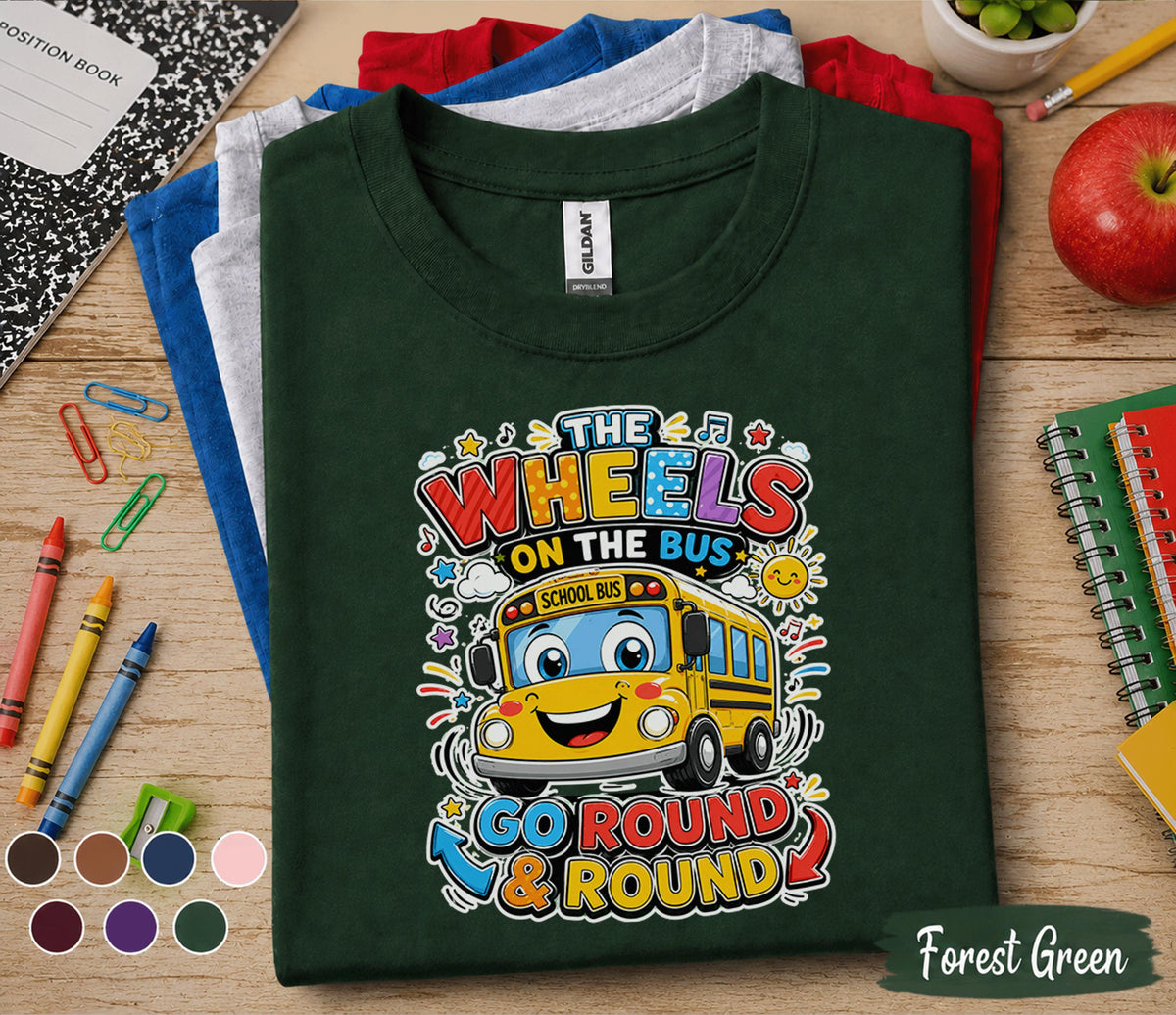 The Wheels on the Bus Go Round Shirt, Back to School Bus Tee, Cute School Bus Kids Shirt, First Day of School Gift, Preschool Kindergarten