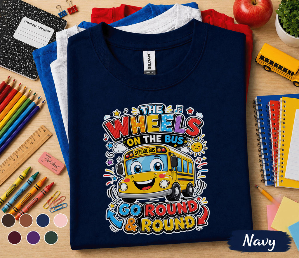 The Wheels on the Bus Go Round Shirt, Back to School Bus Tee, Cute School Bus Kids Shirt, First Day of School Gift, Preschool Kindergarten