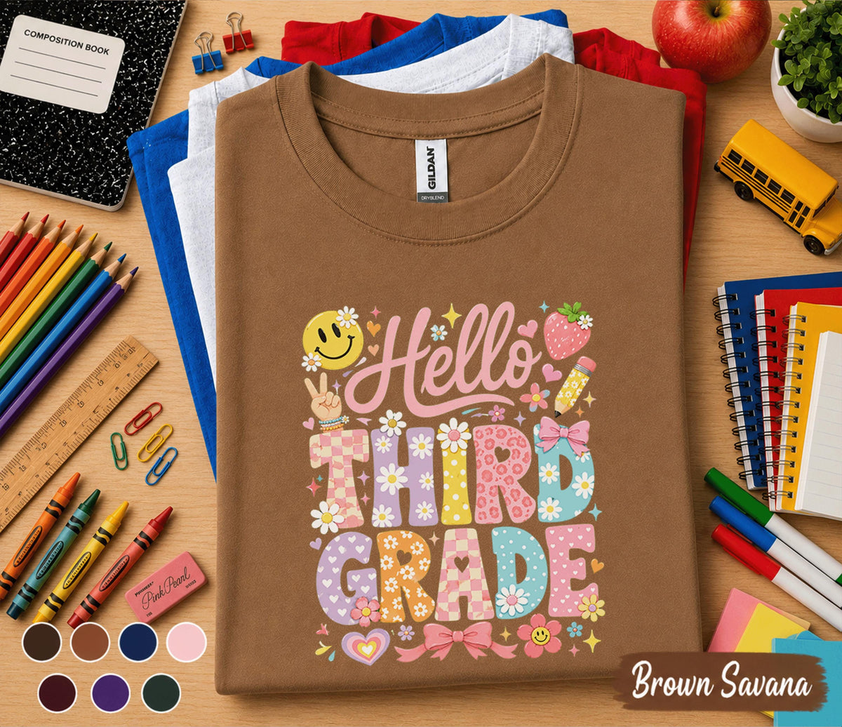 Hello Third Grade Shirt, 3rd Grade Back to School Tee, Cute First Day of Third Grade Shirt, Elementary Student Gift, Floral School Apparel