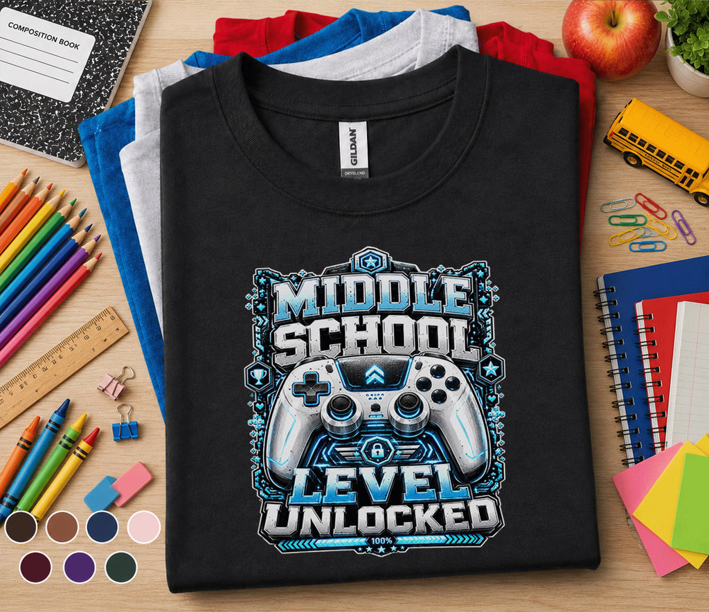 Middle School Level Unlocked Shirt, Gamer Back to School Tee