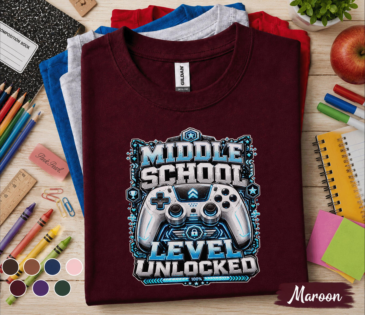 Middle School Level Unlocked Shirt, Gamer Back to School Tee, Video Game Controller School Shirt, First Day Middle School Gift