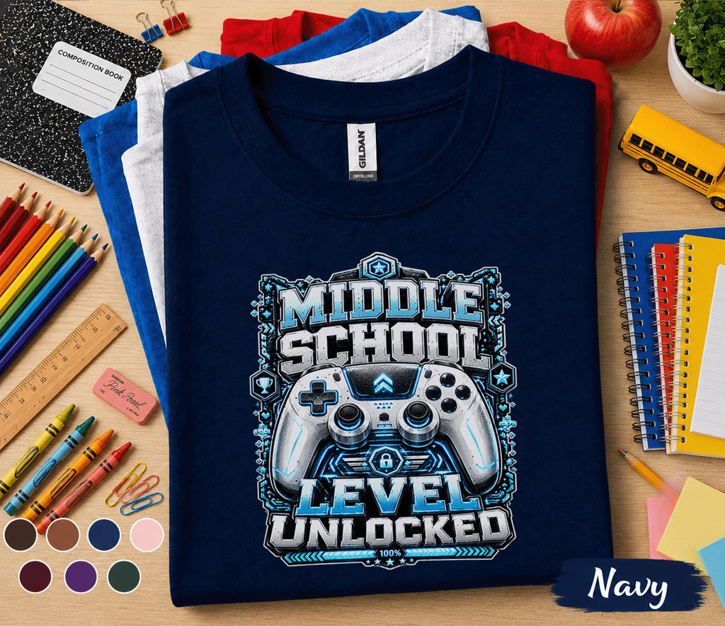 Middle School Level Unlocked Shirt, Gamer Back to School Tee, Video Game Controller School Shirt, First Day Middle School Gift