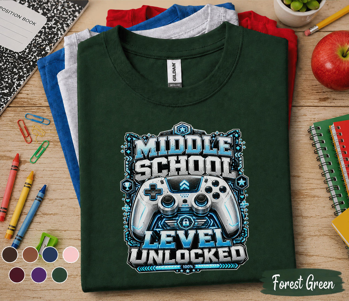 Middle School Level Unlocked Shirt, Gamer Back to School Tee, Video Game Controller School Shirt, First Day Middle School Gift