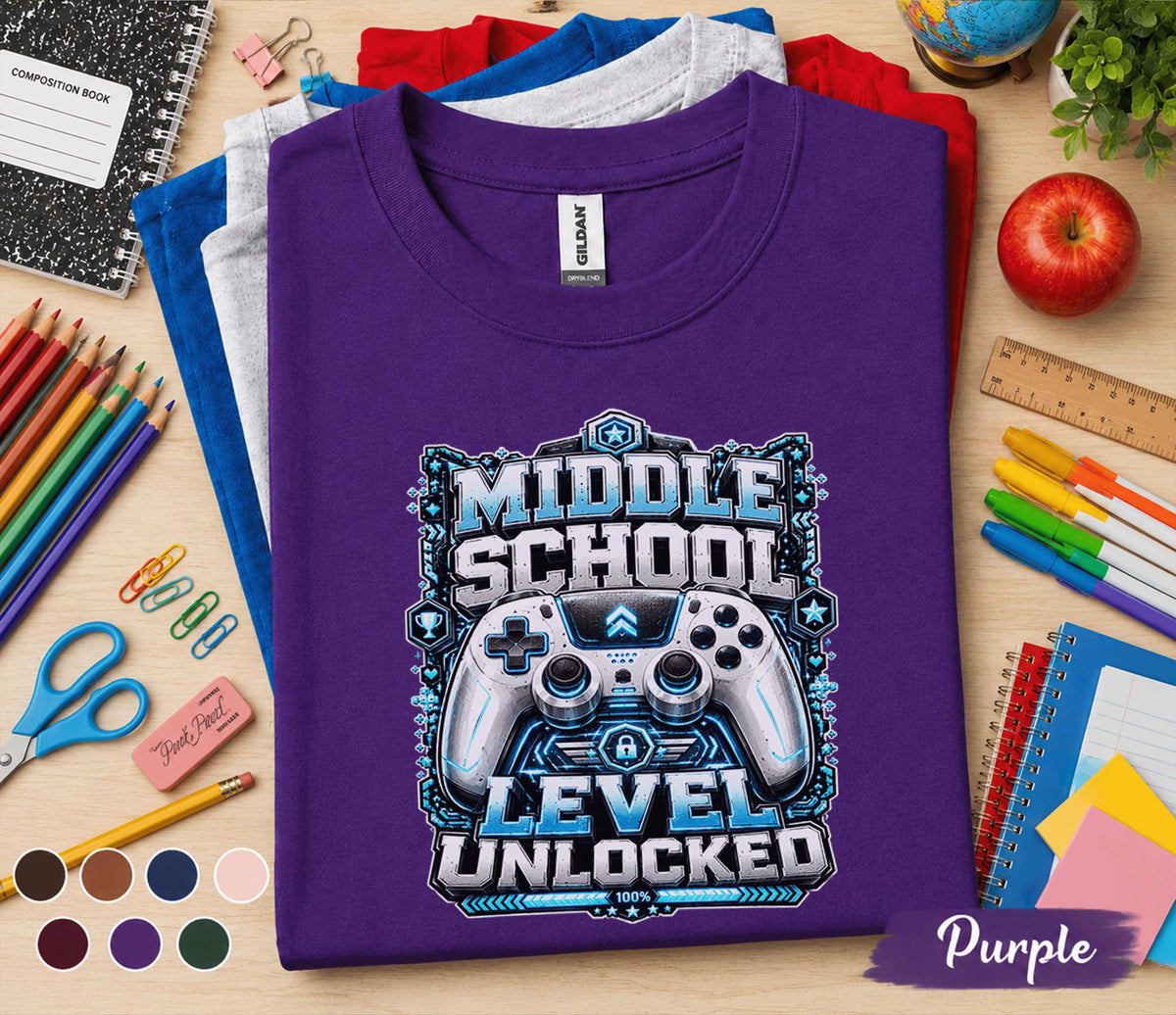 Middle School Level Unlocked Shirt, Gamer Back to School Tee, Video Game Controller School Shirt, First Day Middle School Gift