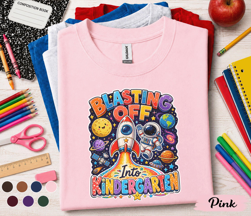 Blasting Off Into Kindergarten Shirt, Space Back to School Tee, First Day of Kindergarten Shirt, Rocket Astronaut School Gift Kids