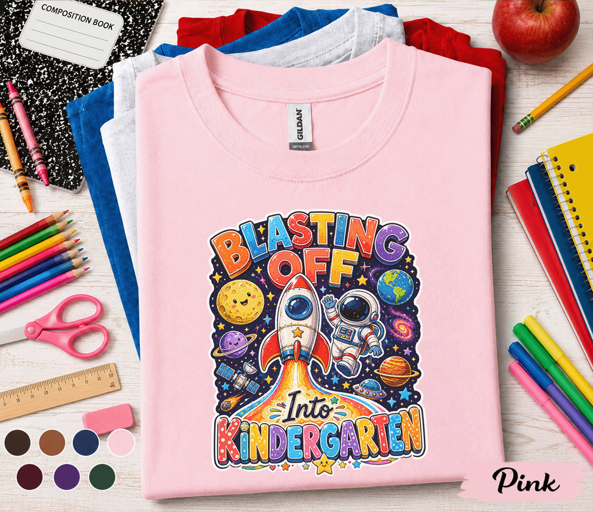 Blasting Off Into Kindergarten Shirt, Space Back to School Tee, First Day of Kindergarten Shirt, Rocket Astronaut School Gift Kids