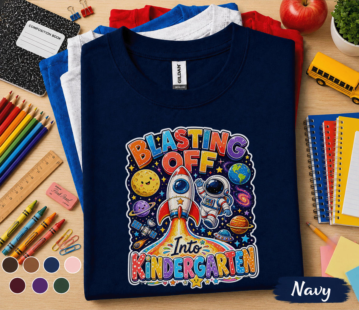 Blasting Off Into Kindergarten Shirt, Space Back to School Tee, First Day of Kindergarten Shirt, Rocket Astronaut School Gift Kids