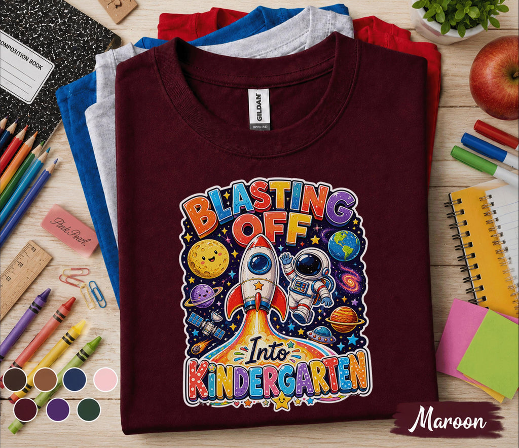 Blasting Off Into Kindergarten Shirt, Space Back to School Tee, First Day of Kindergarten Shirt, Rocket Astronaut School Gift Kids