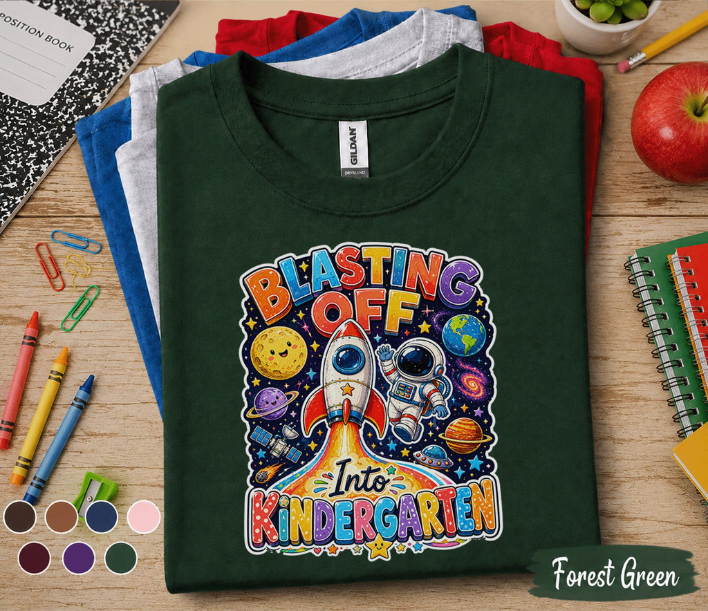 Blasting Off Into Kindergarten Shirt, Space Back to School Tee, First Day of Kindergarten Shirt, Rocket Astronaut School Gift Kids