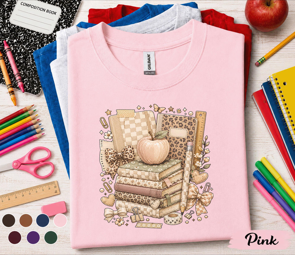 Back to School Shirt, Teacher Tee, Coquette School Shirt, Book Stack T-Shirt, Cute Teacher Gift, Student School, First Day of School Outfit
