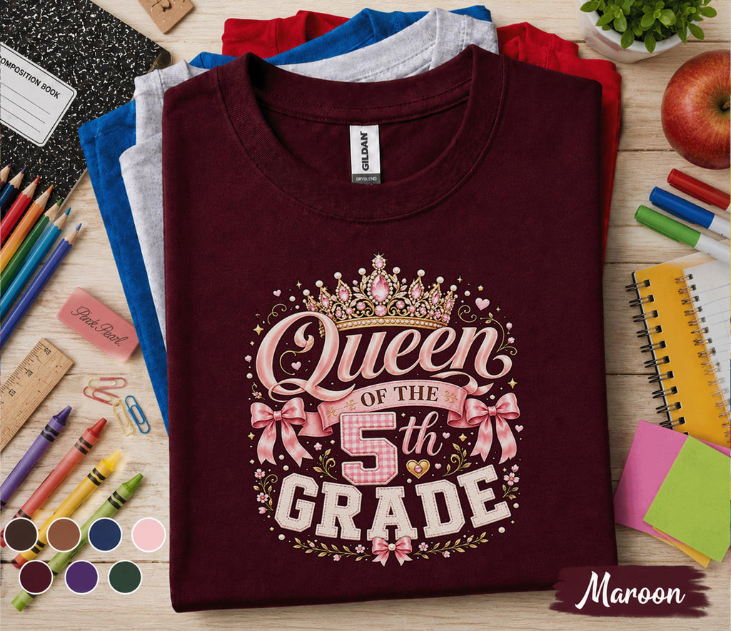 Queen of the 5th Grade Shirt, First Day of School Princess Tee, Coquette Bow Student Shirt, Girls Fifth Grade Outfit, Back to School Gift