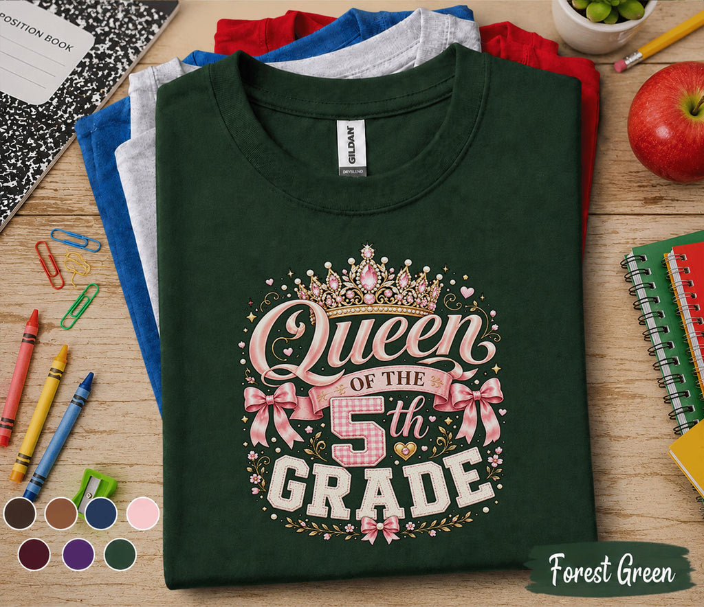 Queen of the 5th Grade Shirt, First Day of School Princess Tee, Coquette Bow Student Shirt, Girls Fifth Grade Outfit, Back to School Gift