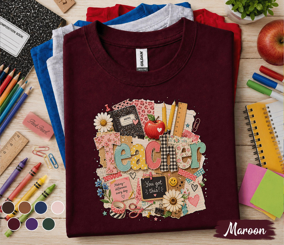 Teacher Shirt, Back to School Teacher Tee, Cute Classroom Shirt, Teacher Gift, Colorful School Supplies T-Shirt, Elementary Teacher Apparel