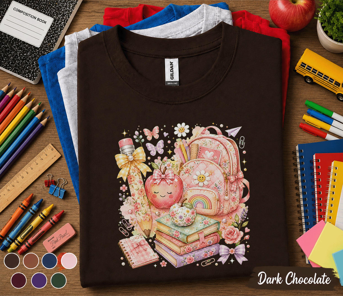 Cute Floral Back to School Shirt, Coquette School Supplies Tee, Gift First Day of School Gift, Teacher Student Aesthetic Apparel